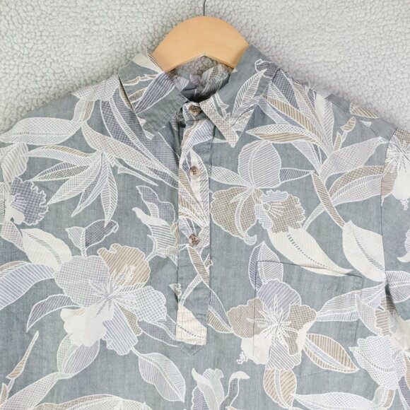 Vintage Shirt Mens Medium Blue White Floral Popover Reverse Print Short Sleeve - Picture 2 of 8